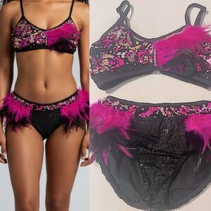 Glamour solo dance costume pink black Feather embellished leotard 2 piece XLC
